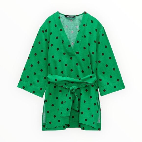 ZARA | Green | LINEN BLEND POLKA DOT KAFTAN - Picture 2 of 9